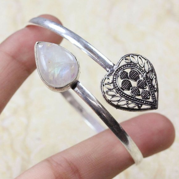 Hand Crafted Jewelry - Handmade Rainbow Moonstone 925 Silver Bangle